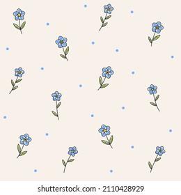 Simple seamless stylized floral pattern. Flat design print with forget me not. Contour vector illustration with blue flower.