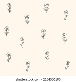 Simple seamless stylized floral pattern. Flat design print with flax flower. Contour vector illustration.