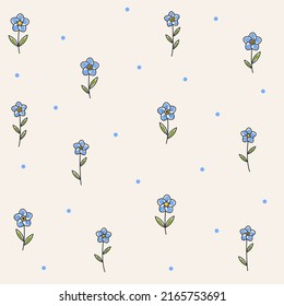 Simple seamless stylized floral pattern. Flat design print with forget me not. Contour vector illustration with blue flower.