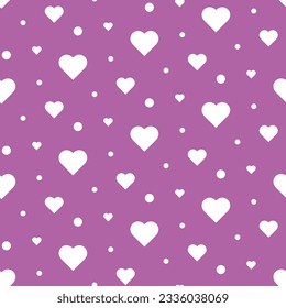 Simple seamless texture. Abstract background with hearts and polka dots. Cute white lilac backdrop for romantic designs for Valentine's Day holiday. Repeat ornament for universal wallpaper.