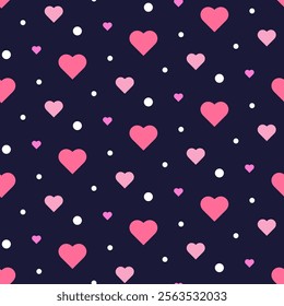 Simple seamless texture. Abstract background with hearts and polka dots. Cute white lilac backdrop for romantic designs for Valentine's Day holiday. Repeat ornament for universal wallpaper.