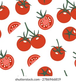A simple seamless tomato pattern with tomatoes and slices. Vector graphics