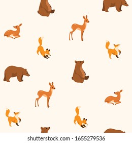 Simple seamless trendy animal pattern with fawn, fox, bear. Cartoon vector illustration.