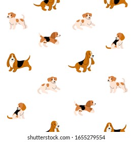Simple seamless trendy animal pattern with different breeds of dogs. Cartoon vector illustration.