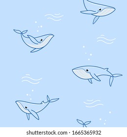 Simple seamless trendy animal pattern with blue whale. Cartoon vector illustration.
