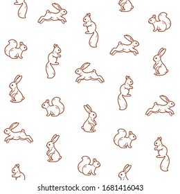 Simple seamless trendy animal pattern with hare and squirrel.  Outline vector illustration.