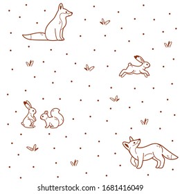 Einfache, nahtlose und trendige Tiermuster mit Hasen, Eichhörnchen und Fuchs. Illustration zur Vektorillustration.