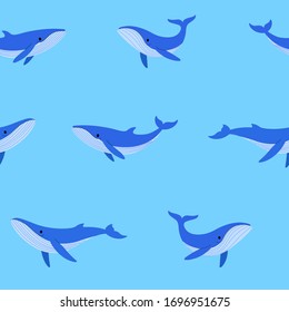 Simple seamless trendy animal pattern with whale. Cartoon vector illustration.