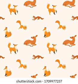 Simple seamless trendy animal pattern with fawn, fox, squirrel, marten. Cartoon vector illustration.