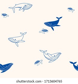 Simple seamless trendy animal pattern with blue whale and turtle. Cartoon vector illustration.