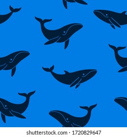 Simple seamless trendy animal pattern with blue whale. Cartoon vector illustration.