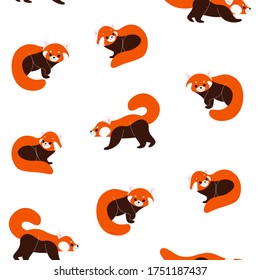 Simple seamless trendy animal pattern with red panda. Cartoon vector illustration.