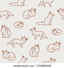 Simple seamless trendy animal pattern with fox in various poses. Outline vector illustration.
