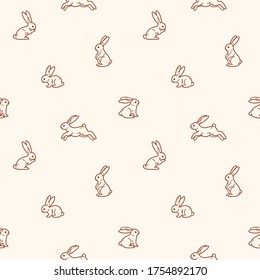 Simple seamless trendy animal pattern with bunny in various poses. Outline vector illustration.