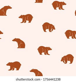 Simple seamless trendy animal pattern with silhouette of bear. Cartoon vector illustration.