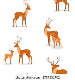 Simple seamless trendy animal pattern with fawn and deer. Cartoon vector illustration.