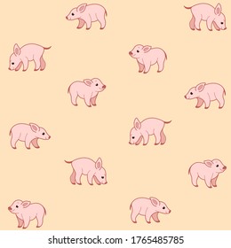 Simple seamless trendy animal pattern with pig. Contour design vector print.