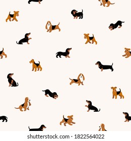 Simple seamless trendy animal pattern with different breeds of dogs. Dachshund, Basset hound, Lakeland Terrier. Cartoon vector illustration.