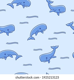 Simple seamless trendy animal pattern with cachalot. Cartoon vector illustration.