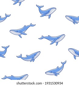 Simple seamless trendy animal pattern with whale. Cartoon contour vector illustration.