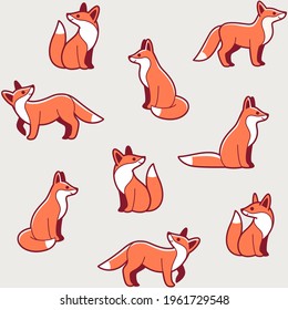 Simple seamless trendy animal pattern with fox in various poses. Outline vector illustration.