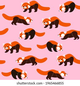 Simple seamless trendy animal pattern with red panda. Cartoon vector illustration.