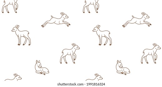 Simple seamless trendy animal pattern with fawn in various poses. Cartoon contour vector illustration.