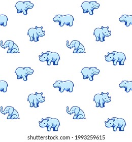 Simple seamless trendy animal pattern with elephant, rhino, hippo. Cartoon vector illustration.