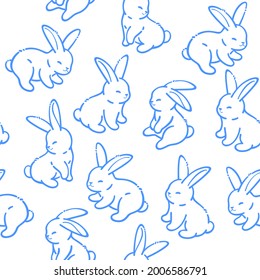 Simple seamless trendy animal pattern with illustration of rabbit. Cartoon contour vector illustration.