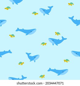 Simple seamless trendy animal pattern with whale and turtle. Simple flat vector illustration.