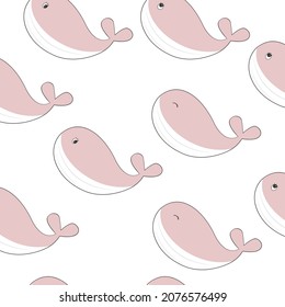 Patrón animal de moda simple y sin costura con ballena. Ilustración vectorial de contorno de dibujos animados.