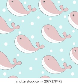 Patrón animal de moda simple y sin costura con ballena. Ilustración vectorial de contorno de dibujos animados.