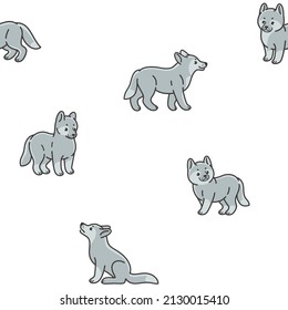 Simple Seamless Trendy Animal Pattern With Wolf Cub In Different Poses. Cartoon Vector Print.