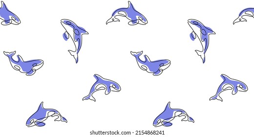 Simple seamless trendy animal pattern with orca. One line vector illustration of killer whale.