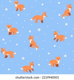 Simple seamless trendy animal pattern with fox in various poses and snowflake. Outline vector illustration.