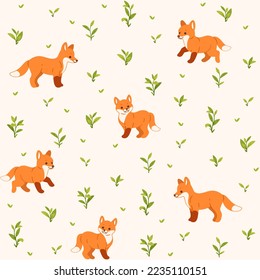 Simple seamless trendy animal pattern with fox in various poses and and grass sprig. Outline vector illustration.