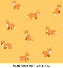 Simple seamless trendy animal pattern with fox in various poses. Outline vector illustration.