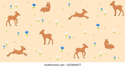 Simple seamless trendy animal pattern with fawn and flower. Cartoon vector illustration.