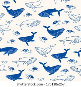 Simple seamless trendy blue line pattern with  whale and turtle. Cartoon vector illustration.