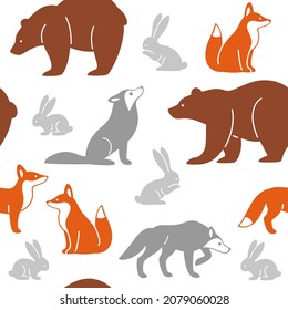 Simple seamless trendy line pattern with silhouette of forest animal - fox, hare, bear, wolf. Cartoon vector illustration.