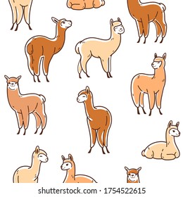 Simple seamless trendy pattern with alpaca. Contour design vector print.