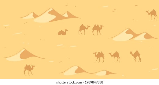 Simple seamless trendy pattern with camel in the desert. Cartoon vector illustration for prints, clothing, packaging and postcards. 