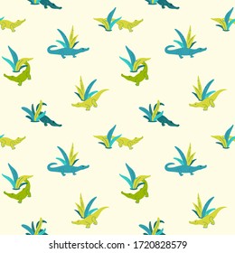 Simple seamless trendy pattern with cartoon crocodile and tropic leaves. Cartoon vector illustration.