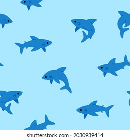 Sencillo patrón de moda sin costura con tiburón de dibujos animados. Diseño lindo impresión infantil sobre fondo azul.