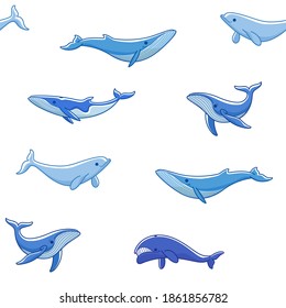 Simple seamless trendy pattern with different types of whales. Flat design print on white background.