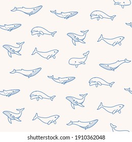 Simple seamless trendy pattern with different types of whales. Flat design print on white background.