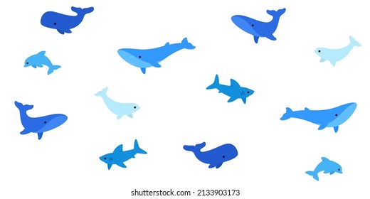 Simple seamless trendy pattern with different types of whales. Flat design print on white background.