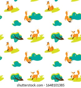 Simple seamless trendy pattern with fox in forest. Cartoon vector illustration for prints, clothing, packaging and postcards. 