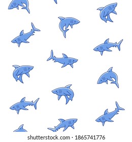 Simple seamless trendy  pattern with shark. Vector contour design print on white background.