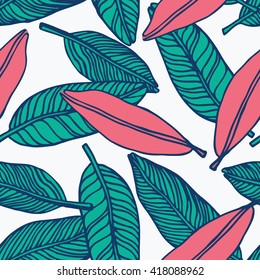 Simple seamless tropical jungle floral background hand-drawing doodle leaves, diagonal striped texture. Summer pattern for your clothes, typography, design in classic 1990, 1980s